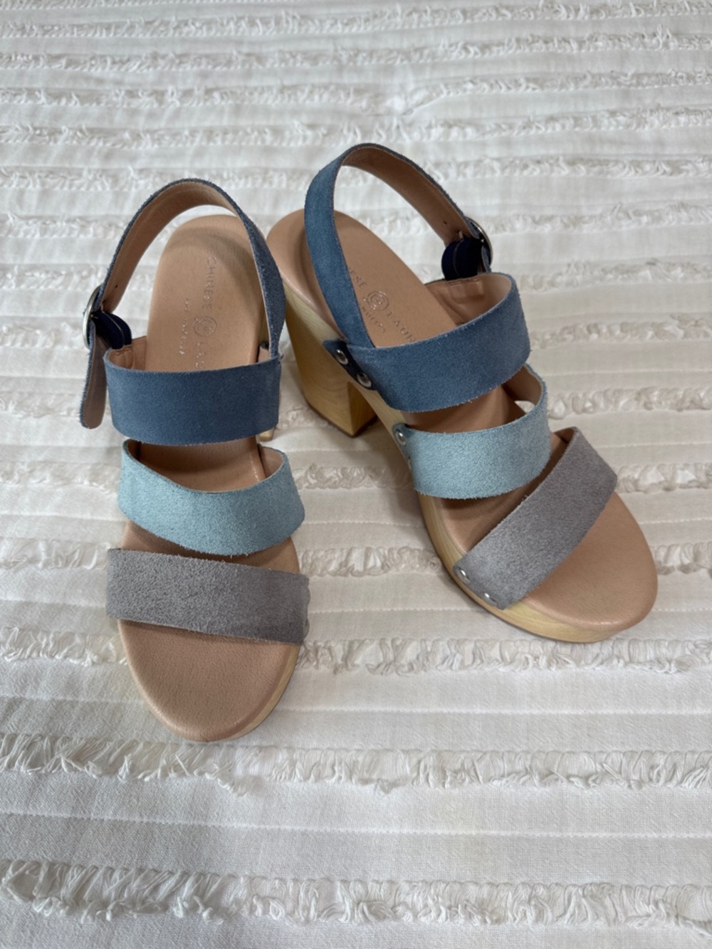 Chinese Laundry Tri-Tone Suede Strappy Wedge Sandals - Navy, Light Blue, Gray